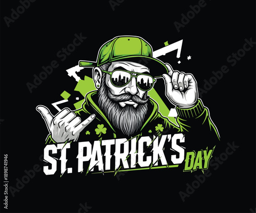 St. Patrick's Day T-Shirt Design Featuring Cool Leprechaun with Sunglasses and Bearded Mascot in Retro Vintage and Modern Urban Style for Lucky Irish Festival Celebration Graphics