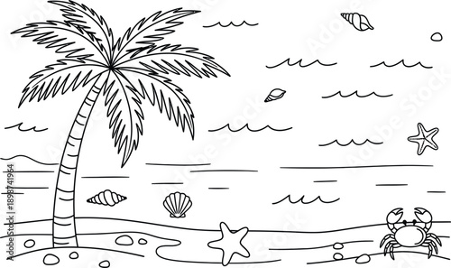A serene beach scene with a palm tree and a starfish