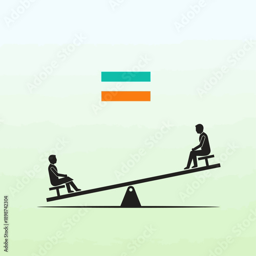 Equilibrium: The image portrays two figures balancing on a seesaw with an equal sign above, symbolizing balance, fairness, and harmony.