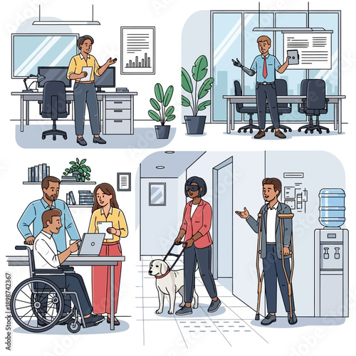 Inclusive Workplace: Diverse colleagues engaging in office activities, showcasing inclusion and adaptability in a modern work environment.