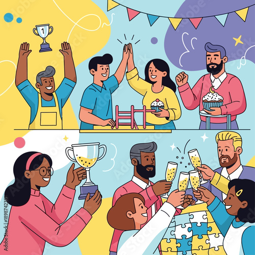 Triumphant Revelry: A colorful illustration depicts scenes of celebration, success, and unity among a group of diverse individuals. The image captures the essence of achievement, collaboration.