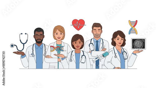 Team of Medical Experts: A united and diverse group of healthcare professionals, each representing a facet of medical expertise, stands together, symbolizing care and collaboration.
