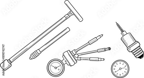 Automotive repair tools illustration with spark plug pressure gauge injector probes and wrench isolated on white background for mechanical engineering design