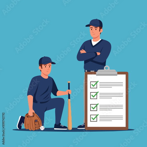 Vector art showing baseball player kneeling holding glove and bat next to coach standing with folded arms and checklist