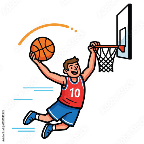 Cartoon basketball player in red jersey number 10 jumping high for slam dunk with orange ball and blue shorts in vector style