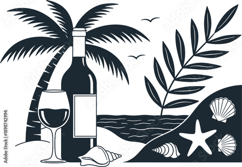 Tropical beach scene with wine bottle and glass