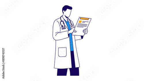 Medical Professional Review: A dedicated medical professional in a pristine lab coat meticulously examines a patient's medical history report, exemplifying precision and commitment to well-being.