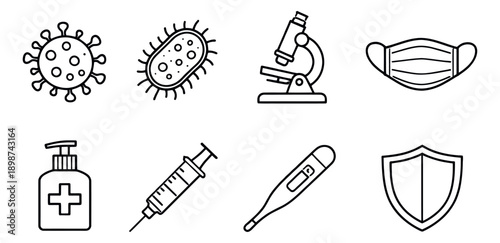 Line art health and safety icons set featuring virus, bacteria, mask, and medical essentials for public health awareness