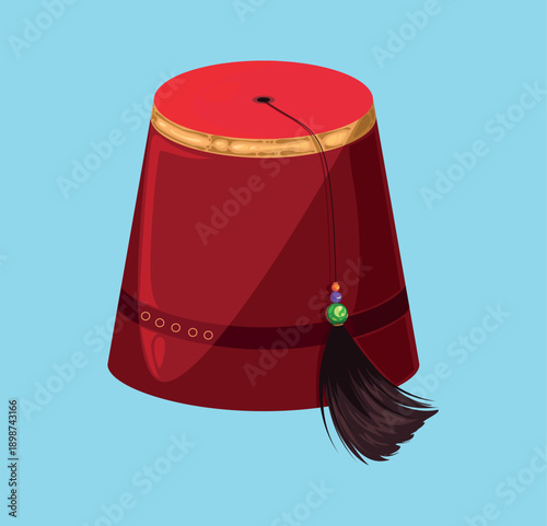 Turquoise Felt Fez With Tassel. Studio Photograph Of Antique Ottoman Fez With Tassel And Decorative Braid