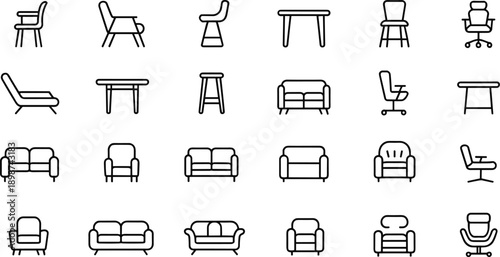 Furniture chair and sofa icon set, modern seating silhouettes, tables and office chairs, minimalist line vector illustrations for interior design