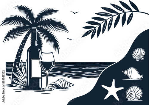 Tropical beach scene with palm tree and wine glass