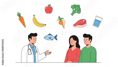 Healthy Lifestyle Consultation: A doctor is advising couple about choosing right foods such as fruits, vegetables, fish and meat for nutrition and diet. 