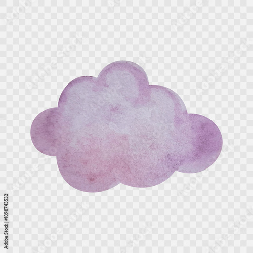 Purple watercolour cloud isolated on white background. Cpil art. Decorative element for design, posters, banners, postcards. Childish doodle style. Hand drawn watercolor clouds set. Vector illustratio