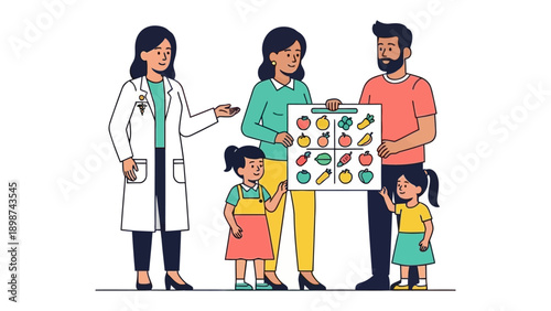 Family Nutrition Consultation: A scene depicting a family of four engaging in a consultation with a healthcare professional, examining a nutritional chart filled with various fruits and vegetables.