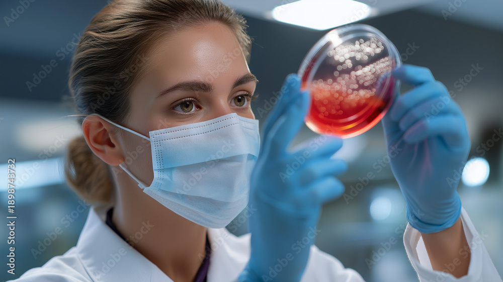 Naklejka premium Faceless scientist woman with mask and petri dish for blood analysis, laboratory experiment research, culture plate study inspection for DNA test, medical professional workspace, w