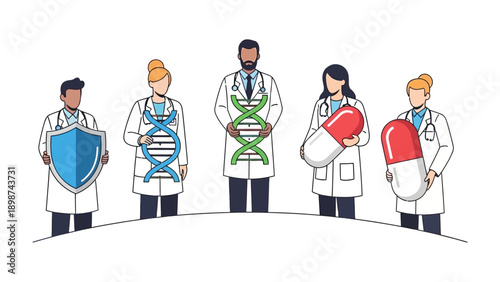 Healthcare Team with Symbol: A team of dedicated healthcare professionals, united in their commitment, are seen with the symbol of medical fields.