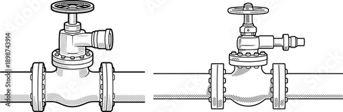 Industrial pipeline gate valves illustration, handwheel control on flanged pipes, technical line art drawing for plumbing, mechanical engineering maintenance services