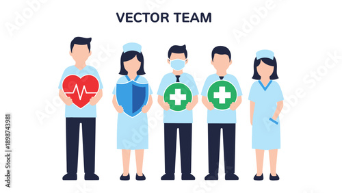 Healthcare Heroes: A united medical team stands strong, holding symbols of health and protection, embodying the essence of care, support, and dedication. 