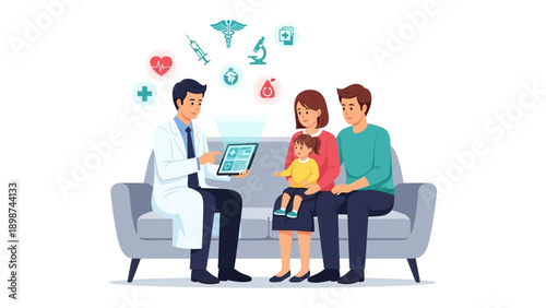 Family Doctor Consultation: A doctor is having a family consultation. with a couple and child, is reviewing medical information in a bright and airy environment, surrounded by relevant medical icons.