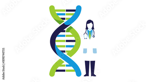 Genetics and Healing: A visual representation of medicine and biology, depicting a doctor standing before a DNA double helix, symbolizing the intersection of healthcare and scientific advancement.
