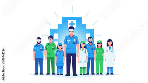Healthcare Team Illustration: A united and diverse healthcare team stands proudly, showcasing dedication and compassion. In front of a modern medical facility.