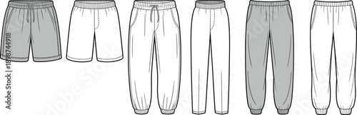 Six pairs of white and gray sweatpants and shorts with elastic waistbands