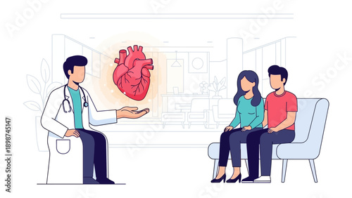 Cardiac Consultation: A medical professional, with an anatomical heart displayed, explaining cardiac health to a concerned couple. 