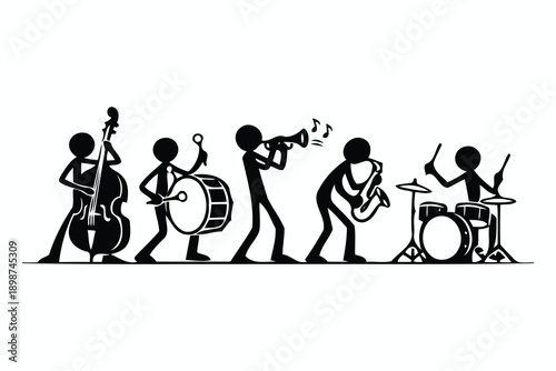 stick figure jazz band: black silhouette musicians playing