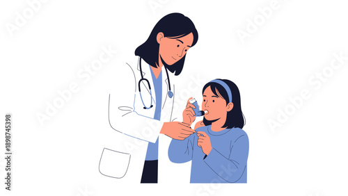 Supporting Respiratory Health: A medical professional provides essential assistance to a young patient, demonstrating the proper use of an inhaler, representing dedicated care and wellness.