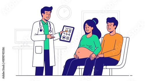 Prenatal Consultation: A caring medical professional consults with a pregnant person and partner, highlighting the significance of the healthcare journey, fostering assurance and understanding.