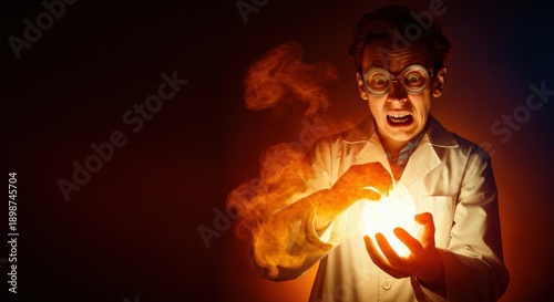 Scientist experiments with glowing energy in a dark lab while goggles glow