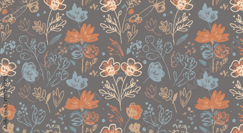 Cute hand drawn botanical pattern with lively flowers and fresh garden energy