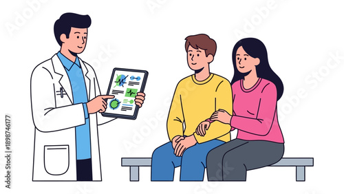 Doctor Discussing Medical Information with Couple: A dedicated doctor engages in a thorough discussion with a couple, highlighting critical information on a tablet. Conveying trust, understanding.