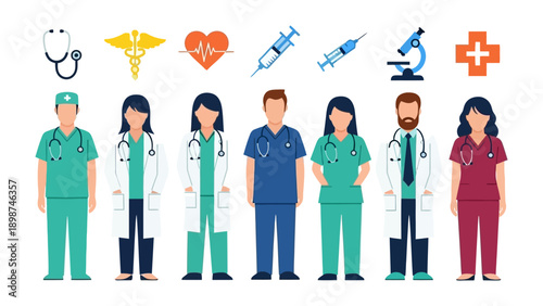 Medical Professionals' Symbolism: A collection of various medical professionals stands tall amidst a constellation of medical equipment, symbolizing the essence of health, care, and compassion.