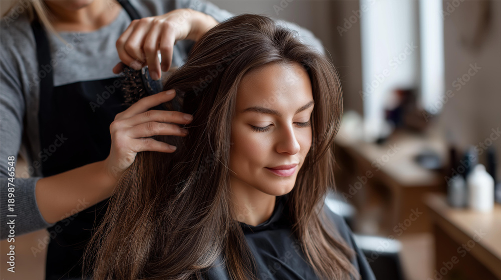 Naklejka premium Hairstylist blow drying woman's long brown hair carefully, professional hair styling, salon beauty service, careful drying technique, hair care treatment, faceless stylist