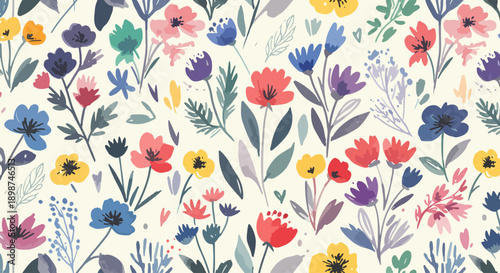 Cute floral doodle background featuring scattered flowers and playful leaves
