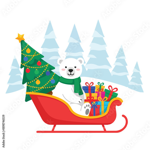 Cute smiling polar bear with green scarf sitting in a red sleigh full of colorful gift boxes and decorated christmas tree in snowy forest
