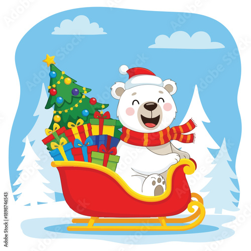 Cute smiling polar bear wearing santa hat red scarf sitting in sleigh with colorful gifts and decorated christmas tree outdoors winter snow