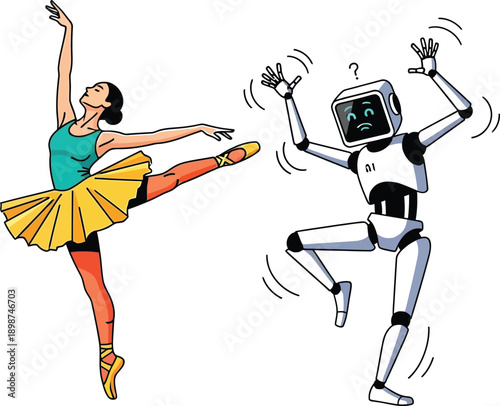 Ballerina and robot dancing together in playful harmony