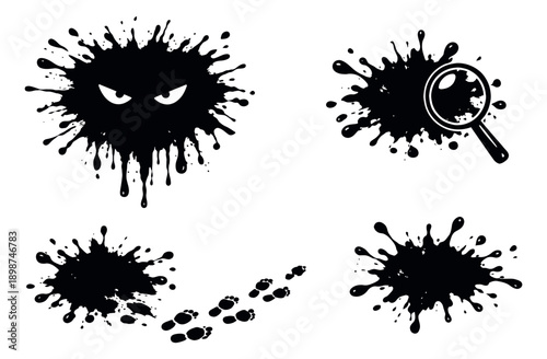 Graphic ink splatter symbol set featuring angry eyes, a magnifying glass, and footprints for mystery and investigation concepts