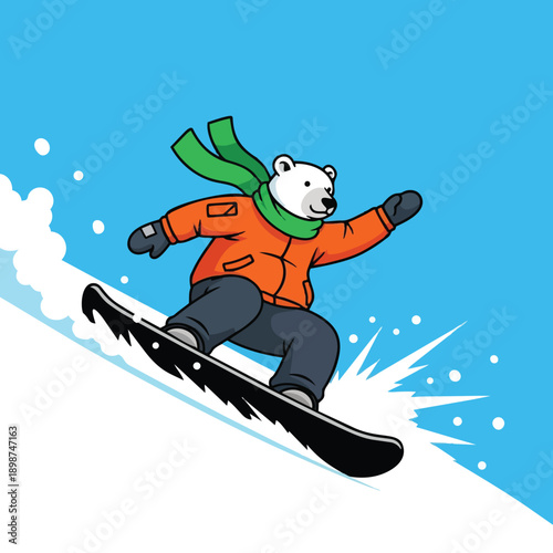 Colorful vector art showing polar bear snowboarder in orange jacket and green scarf jumping with snow splash on blue sky