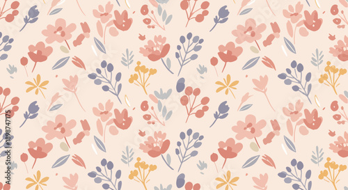 Soft and friendly floral illustration pattern with charming pastel blossoms