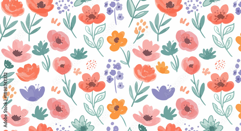 Fototapeta premium Cute blooming flowers pattern with minimal botanical elements and warm happy colors