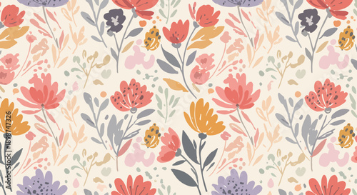 Stylish modern floral pattern inspired by spring gardens and handmade illustration styles