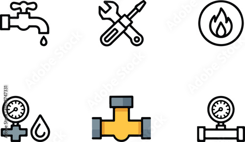 Plumbing and Utilities Icon Set Flat Vector Icons on Dark Background