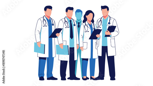 Medical Professionals in United Teamwork: A group of dedicated medical professionals, united by a common goal, stands together with their stethoscopes and clipboards ready to serve and heal.