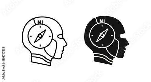 Human head profile with a compass inside, symbolizing mental navigation, guidance, decision-making, strategic thinking, or finding direction