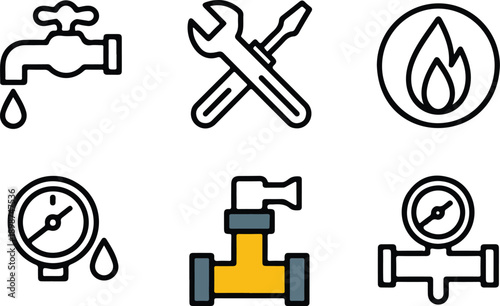Plumbing and Utilities Icon Set Flat Vector Icons on Dark Background