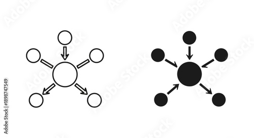 Central circle with arrows pointing to outer circles, symbolizing a hub and spoke model, distribution, or centralized system