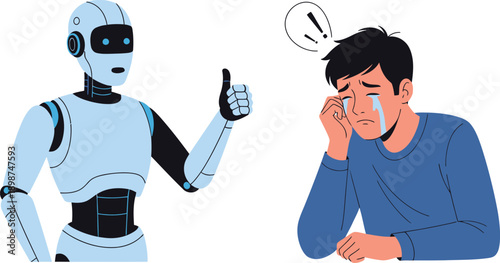 Robot comforting distressed man with thumbs up gesture